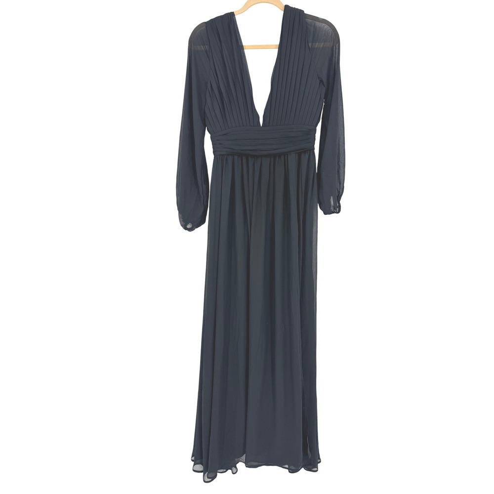 Love X Design Black Pleated Deep V-Neck Long‎ Sleeve Maxi Gown Dress M